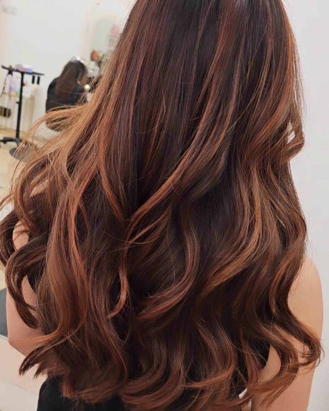Glossy rich copper-red hair with flowing curls by Mimi